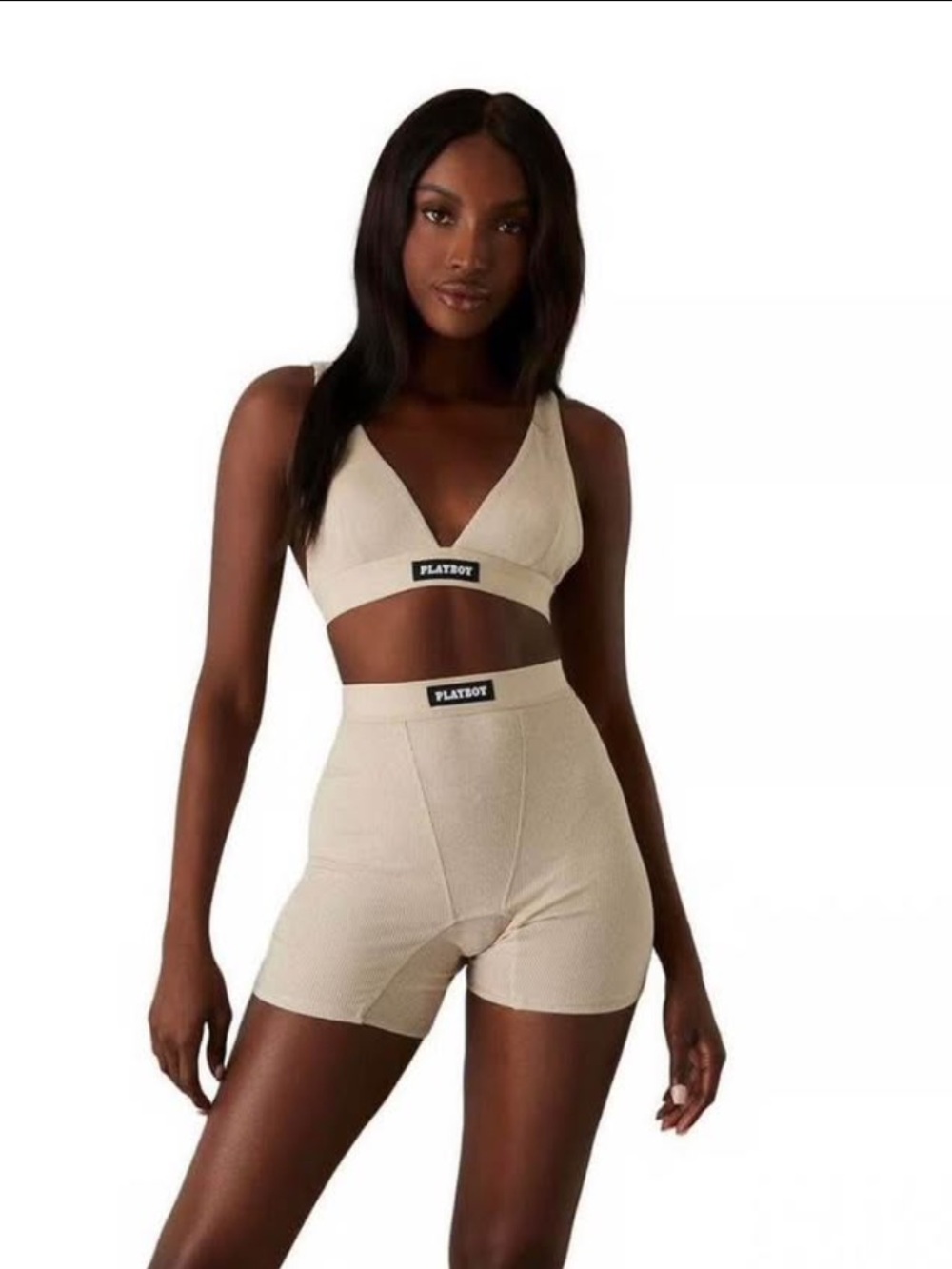 PLAYBOY Beige Ribbed Cream Sports Bralette High-Waist Biker Shorts Loungewear